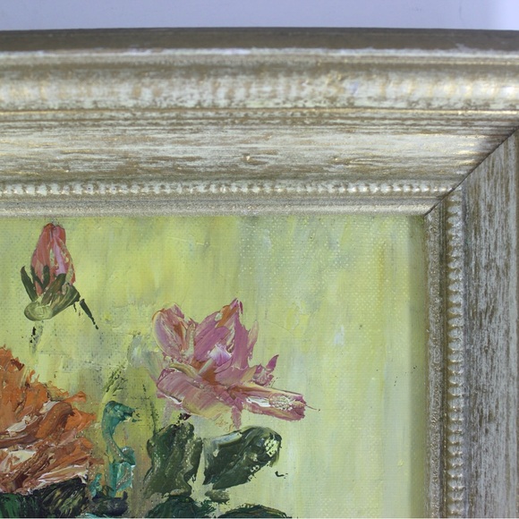 Vintage Original Still Life Oil Painting, Abstract Floral, Yellow, Pink Orange - Picture 6 of 10